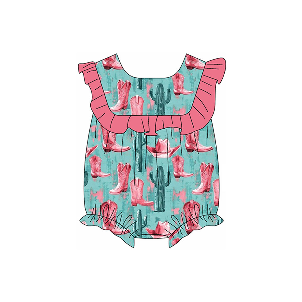 Preorder Baby Girl Infant Short Sleeves Western Boots Cactus Bubble Romper ( Moq 5 )