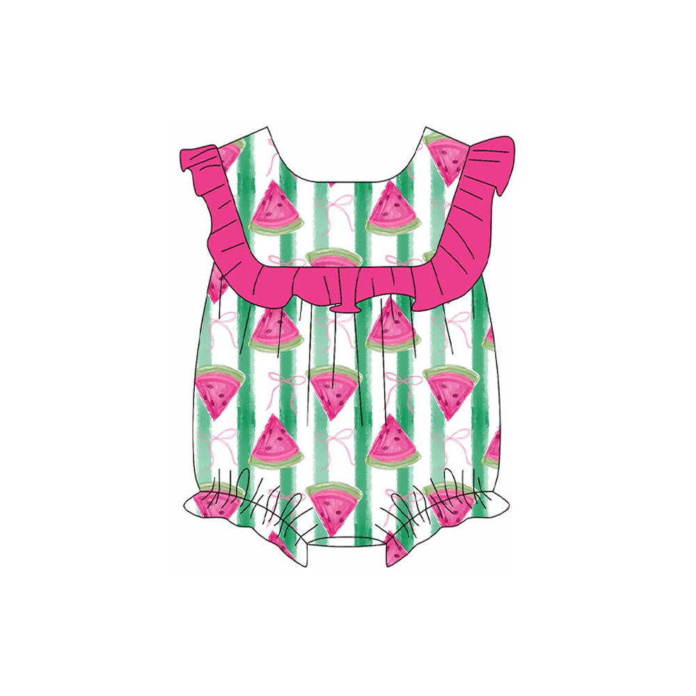 Preorder Baby Girl Infant Short Sleeves Watermelon Pink Ruffle Bubble Romper ( Moq 5 )