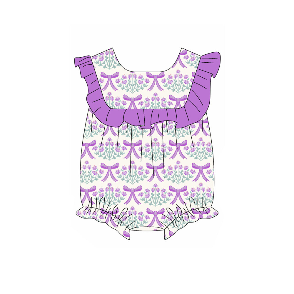 Preorder Baby Girl Infant Purple Bows Flower Ruffle Bubble Romper