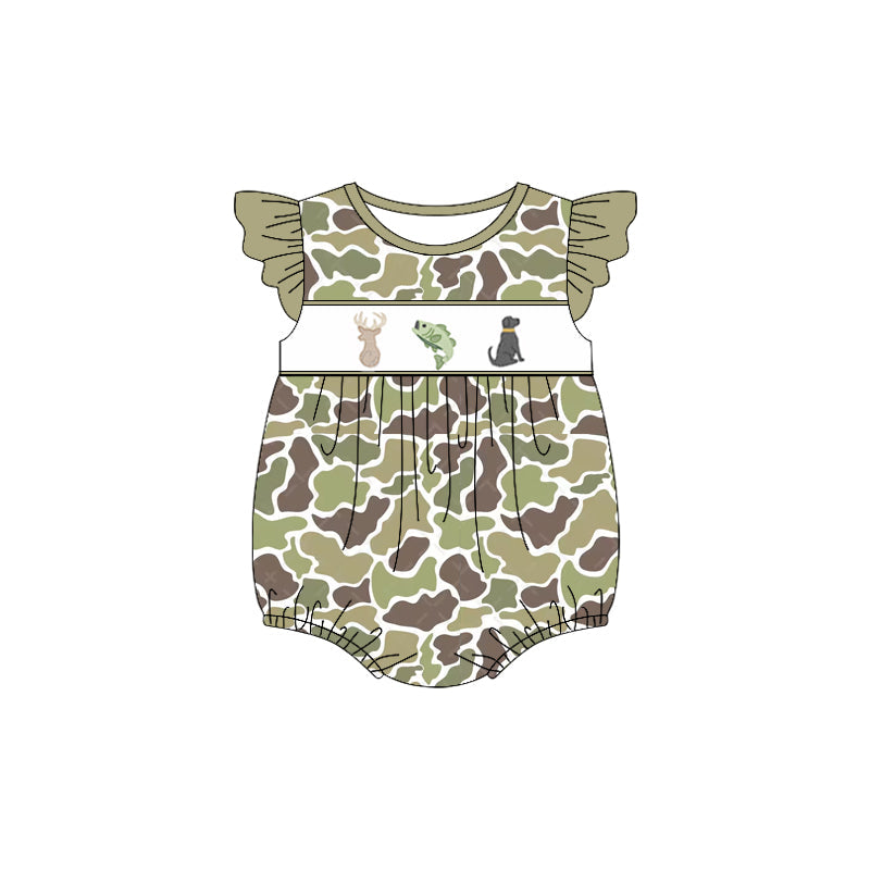 Preorder Baby Girl Infant Short Sleeves Camo Deer Fish Dog Bubble Romper ( Moq 5 )