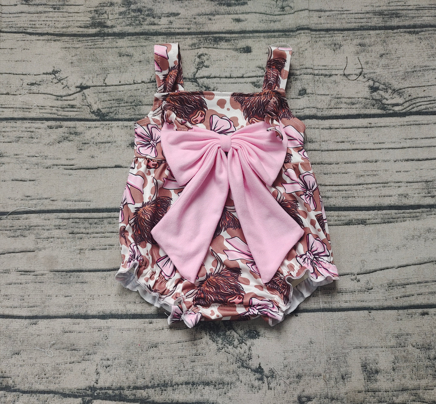 Preorder Baby Girl Infant Straps Western Pink Bows Cow Bubble Romper ( No moq )