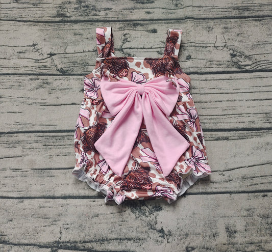 Preorder Baby Girl Infant Straps Western Pink Bows Cow Bubble Romper ( No moq )