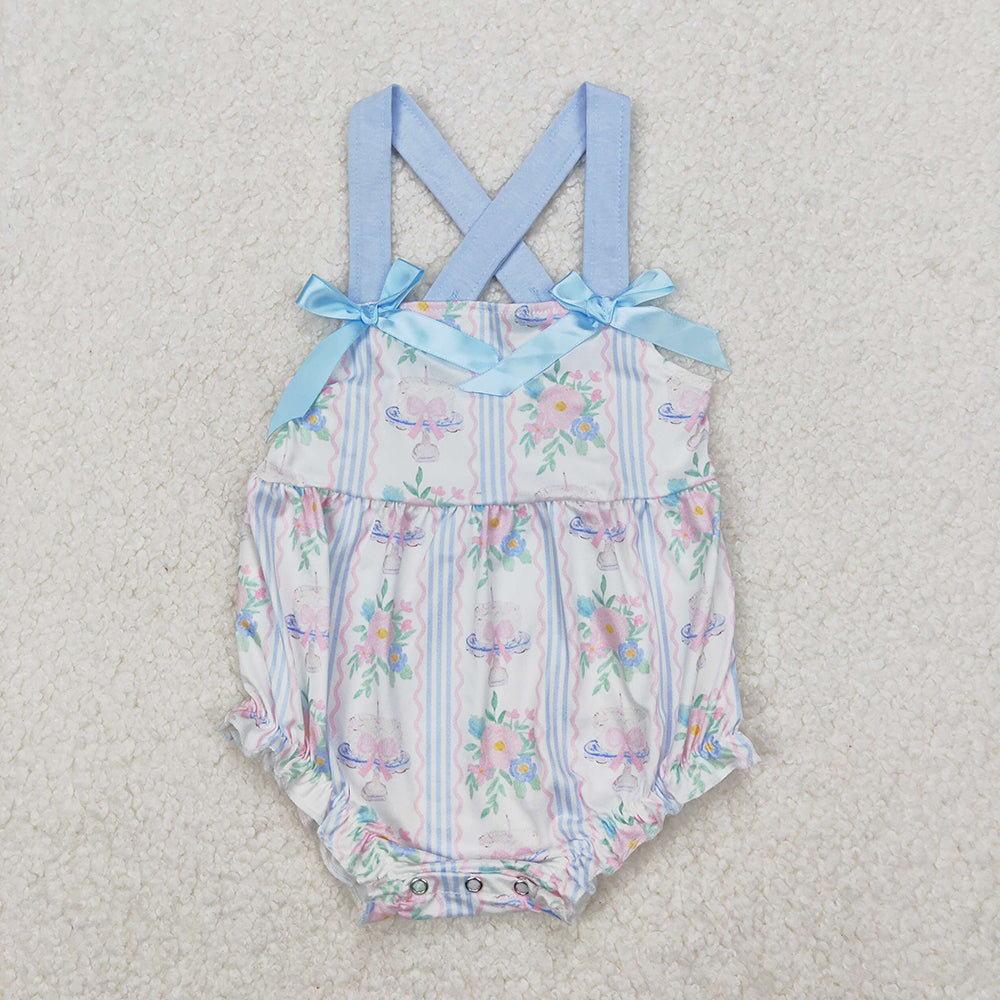 Baby Girl Blue Straps Flower Cakes Bows Sibling Romper Dress Outfit RTS