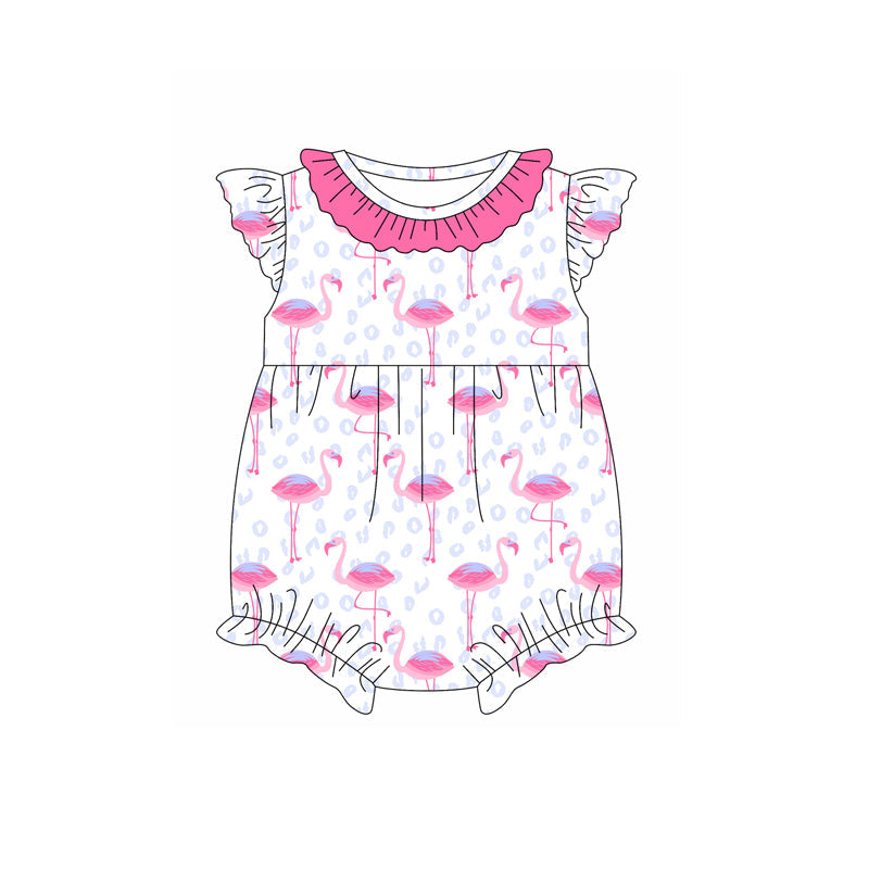 Preorder Baby Girl Short Sleeves Flamingo Leopard Bows Bubble Romper ( Moq 5 )