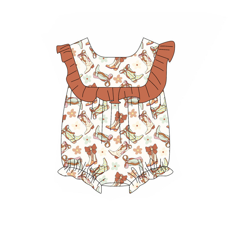 Preorder Baby Girl Short Sleeves Boots Bows Flower Bubble Romper ( Moq 5 )