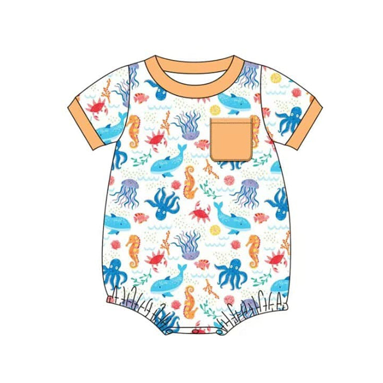Preorder Baby Boy Short Sleeves Ocean Animals Pocket Bubble Romper ( Moq 5 )