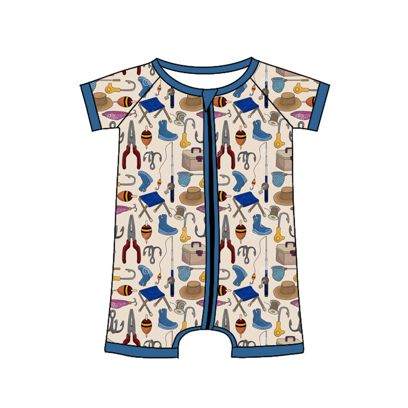 Preorder Baby Boy Short Sleeves Fishing Zipper Romper ( Moq 5 )