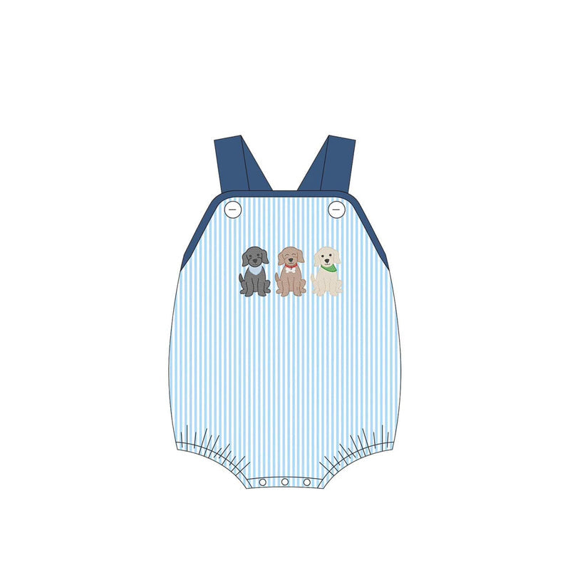 Preorder Baby Boy Sleeveless Dogs Blue Stripes Bubble Romper ( Moq 5 )