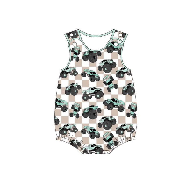 Preorder Baby Boy Infant Sleeveless Trucks Checked Bubble Romper ( Moq 5 )