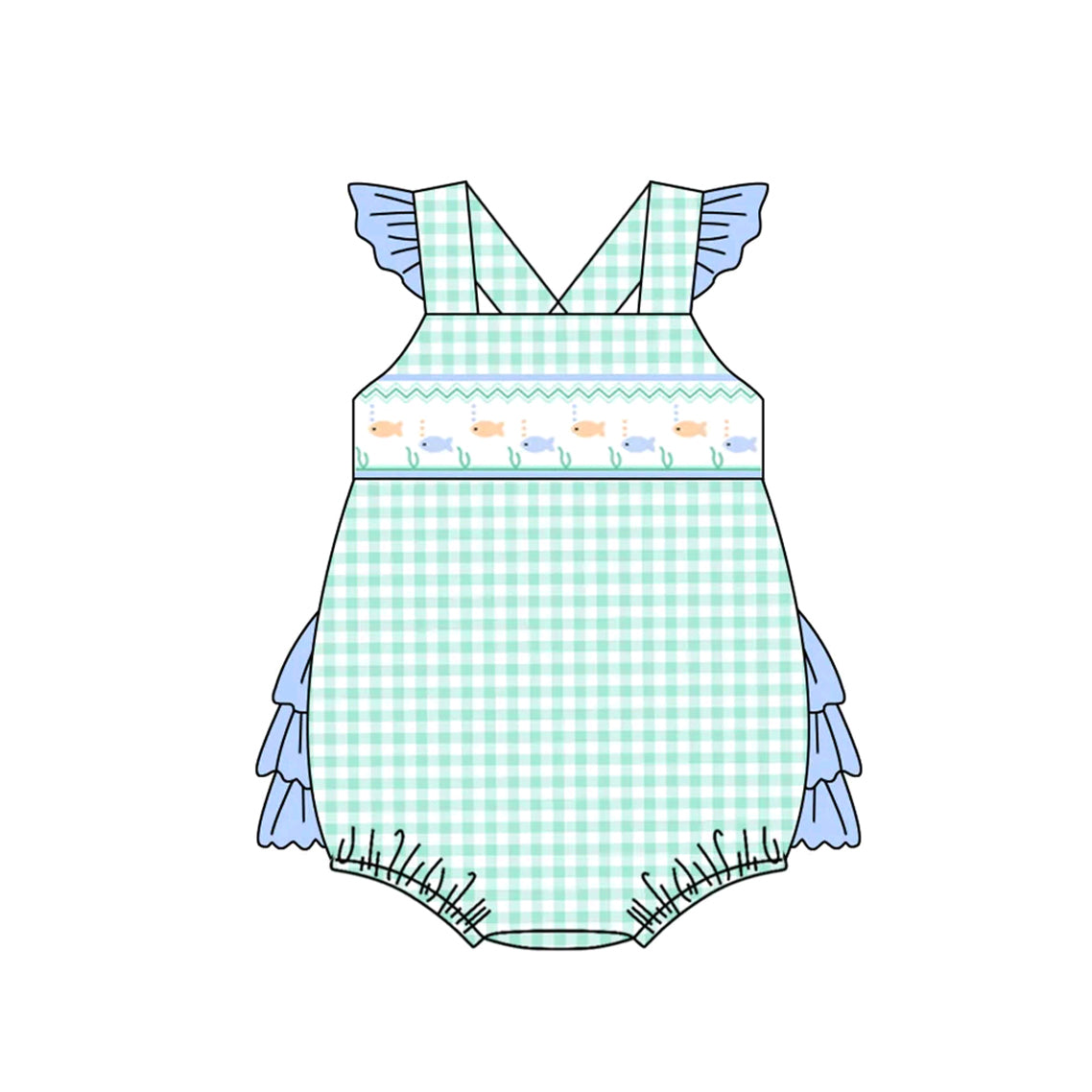 Preorder Baby Girl Infant Fish Checked Ruffle Bubble Romper ( Moq 5 )
