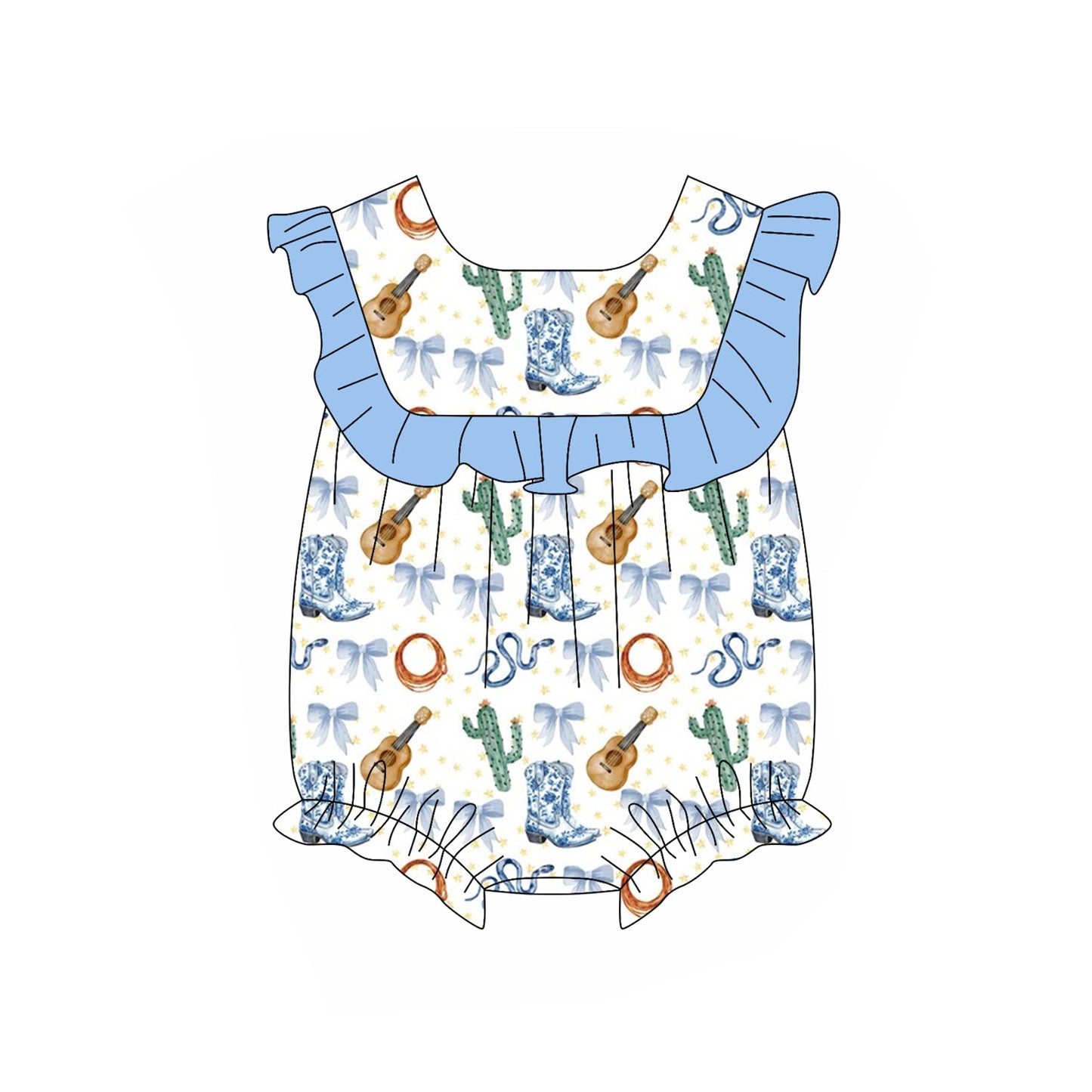 Preorder Baby Girl Infant Western Boots Cactus Bows Ruffle Bubble Romper ( Moq 5 )