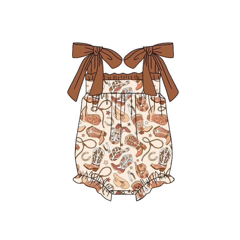 Preorder Baby Girl Infant Straps Western Boots Bubble Romper ( Moq 5 )