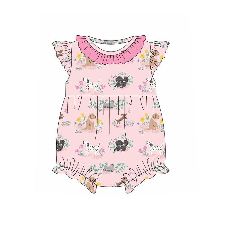 Preorder Baby Girl Infant Flower Dogs Bubble Ruffle Pink Romper ( Moq 5 )