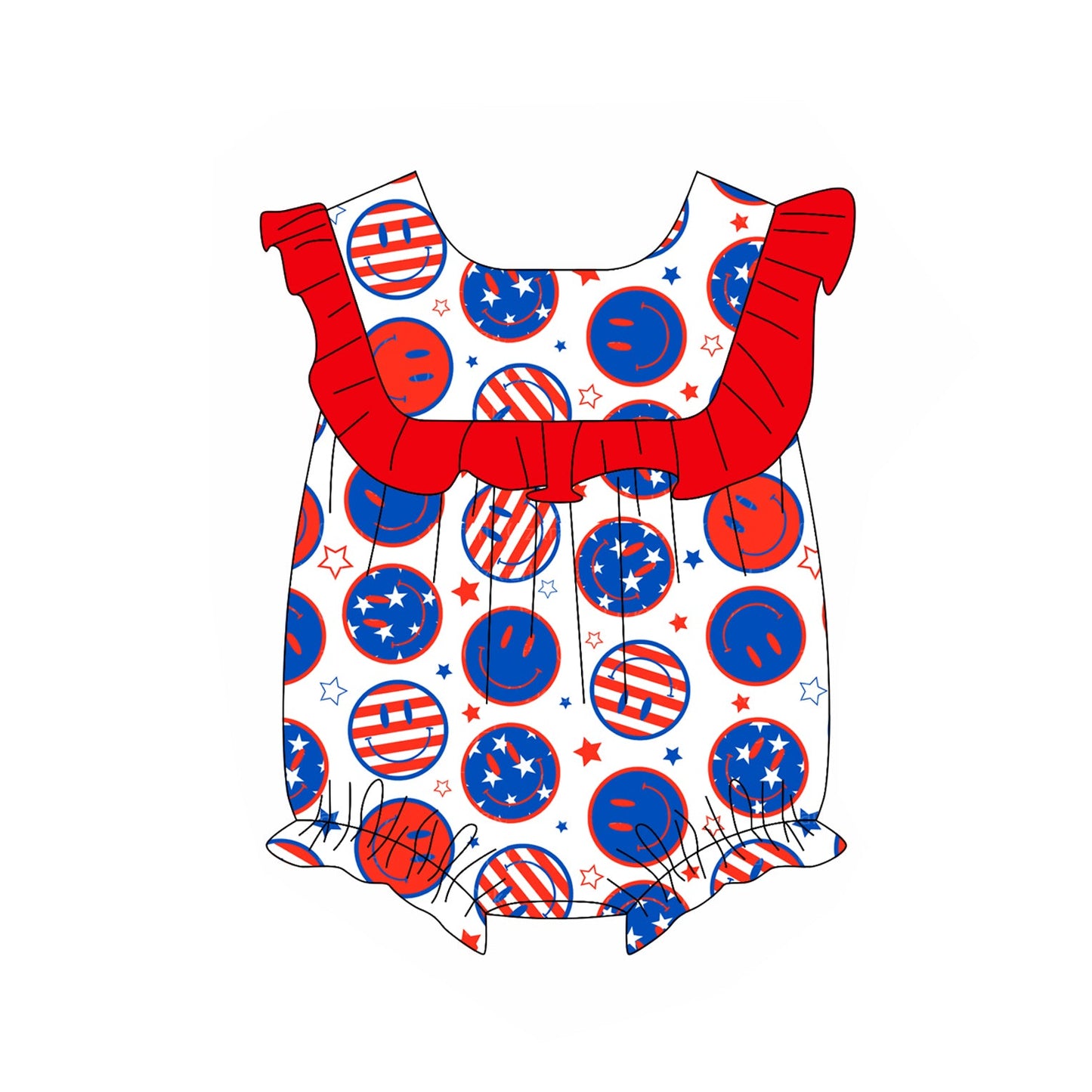 Preorder Baby Girl Infant July 4th Smile Stars Ruffle Bubble Romper ( Moq 5 )