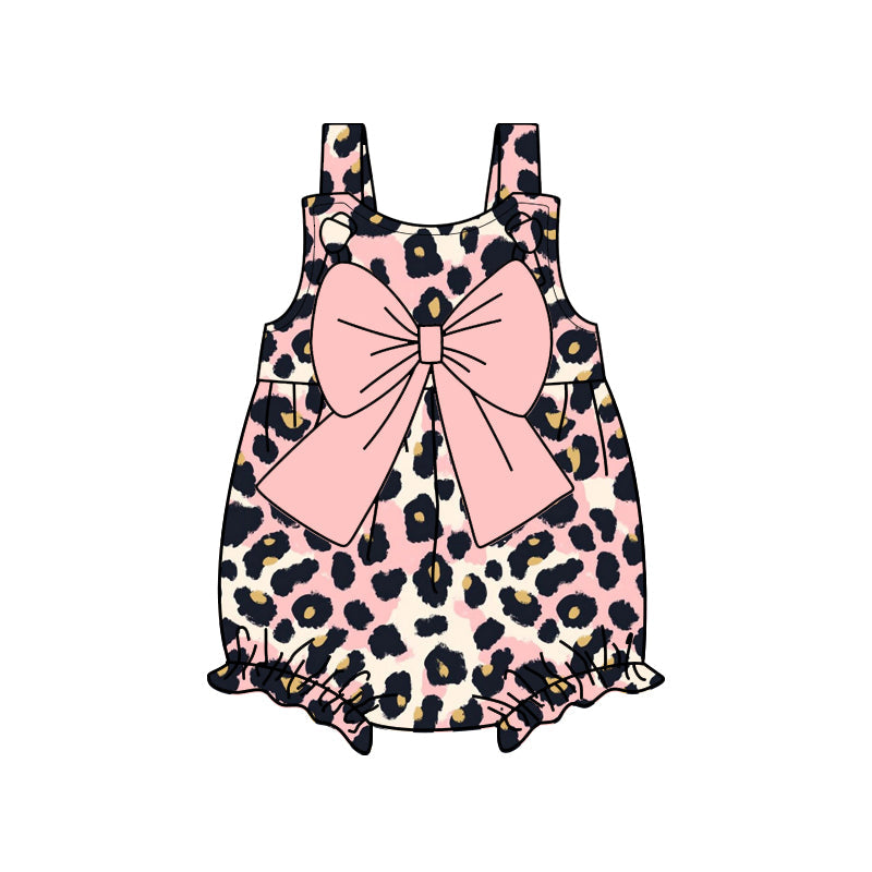 Preorder Baby Girl Straps Leopard Pink Bow Bubble Romper ( Moq 5 )