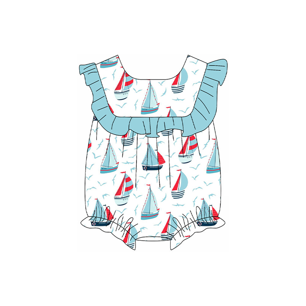 Preorder Baby Girl Short Sleeves Boats Ruffle Bubble Romper（ Moq 5 ）