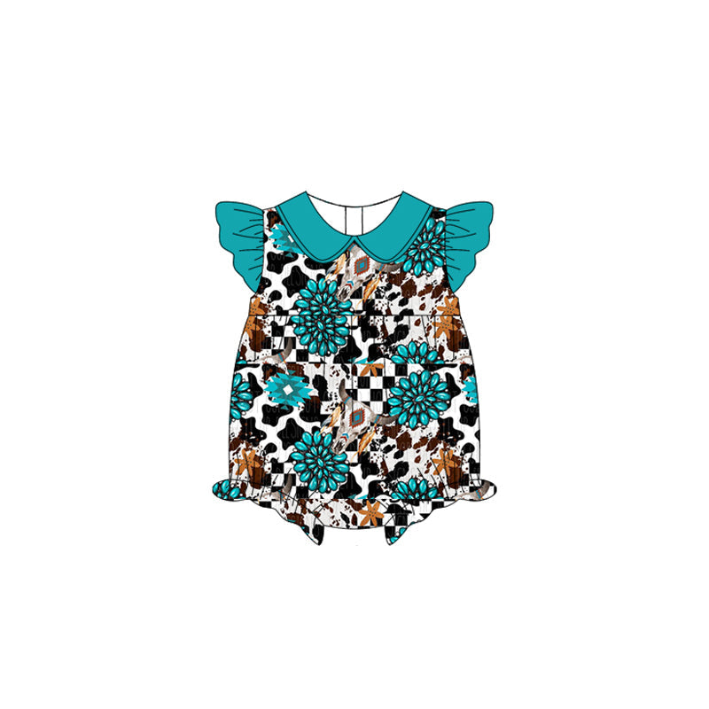 Preorder Baby Girl Infant Short Sleeves Western Turquoise Bubble Romper（ Moq 5 ）