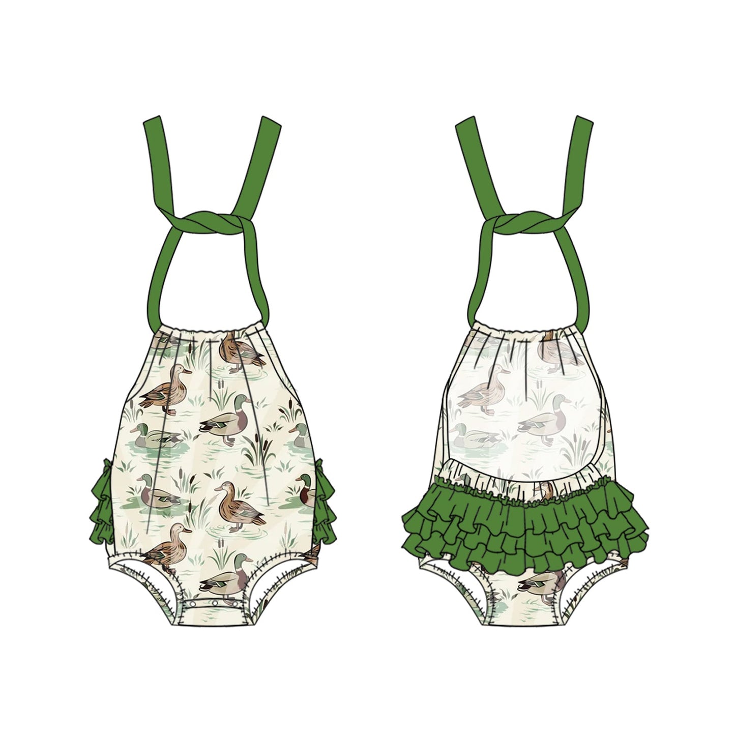 Preorder Baby Girl Infant Halter Ducks Green Ruffle Romper ( Moq 5 )