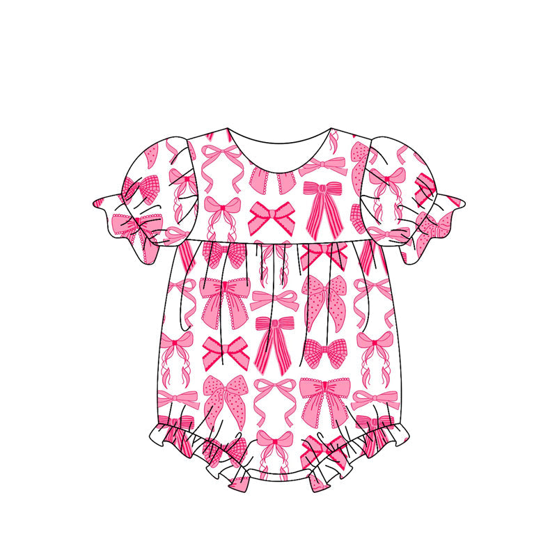 Preorder Baby Girl Infant Short Sleeves Pink Bows Bubble Romper ( Moq 5 )