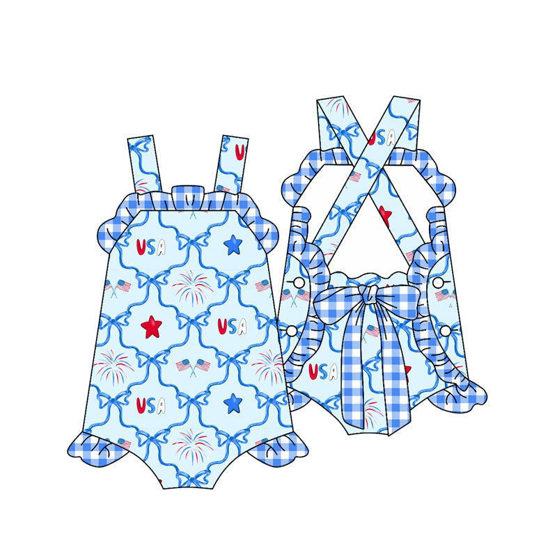 Preorder Baby Girl Infant Straps July 4th USA Flags Bows Romper ( Moq 5 )