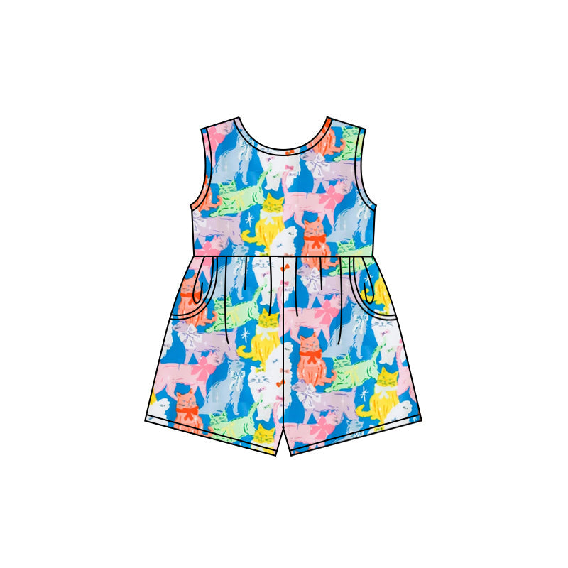 Preorder Baby Girl Sleeveless Colorful Cats Bows Pockets Jumpsuit ( Moq 5 )