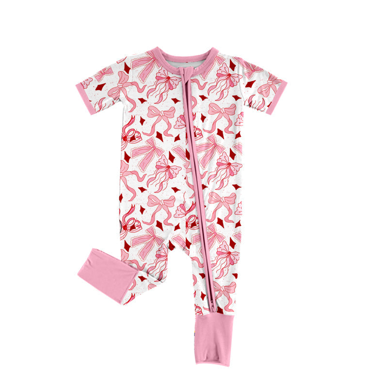 Preorder Baby Girl Infant Short Sleeves Pink Bows Zipper Romper ( Moq 5 )