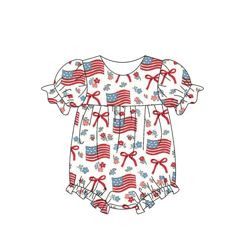 Preorder Baby Girl Infant July 4th Flags Bows Flower Bubble Romper ( Moq 5 )