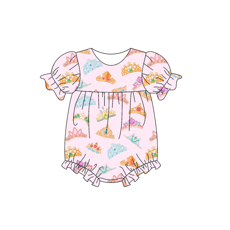 Preorder Baby Girl Infant Short Sleeves Crowns Pink Bubble Romper ( Moq 5 )