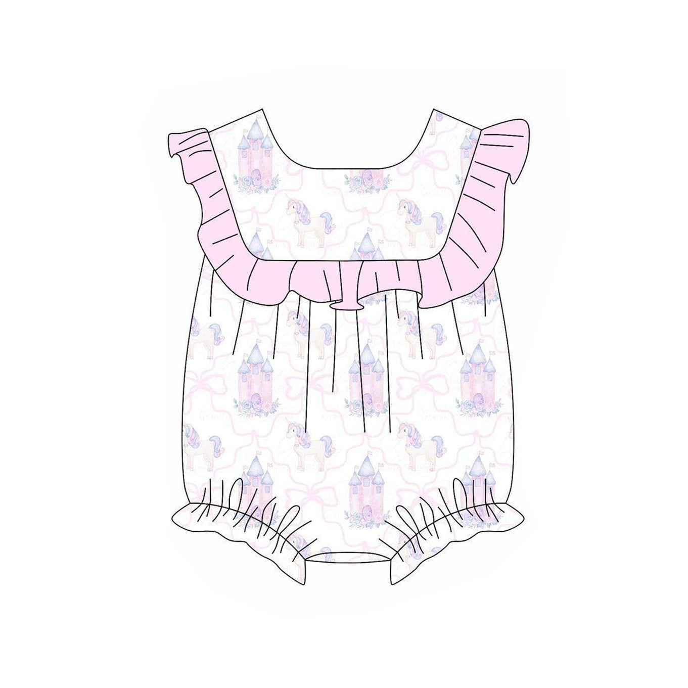 Preorder Baby Girl Infant Short Sleeves Castle Bows Ruffle Bubble Romper ( Moq 5 )