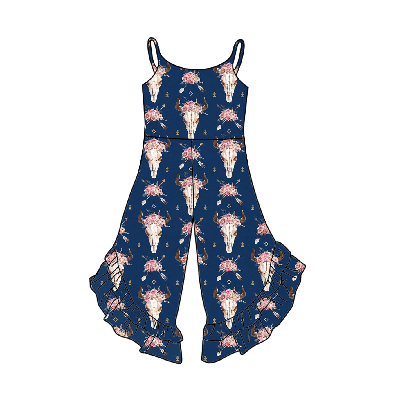 Preorder Baby Girl Straps Western Cow Flower Bell Pants Navy Jumpsuit ( Moq 5 )