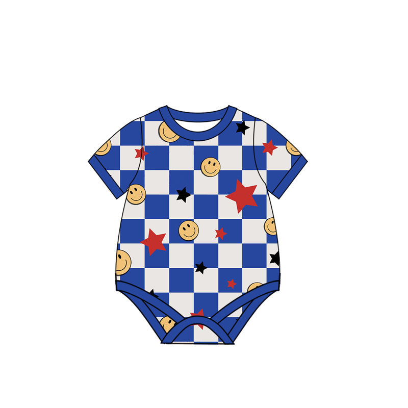 Preorder Baby Boy Infant Short Sleeves Checkered Smile Blue Bubble Romper( Moq 5 )