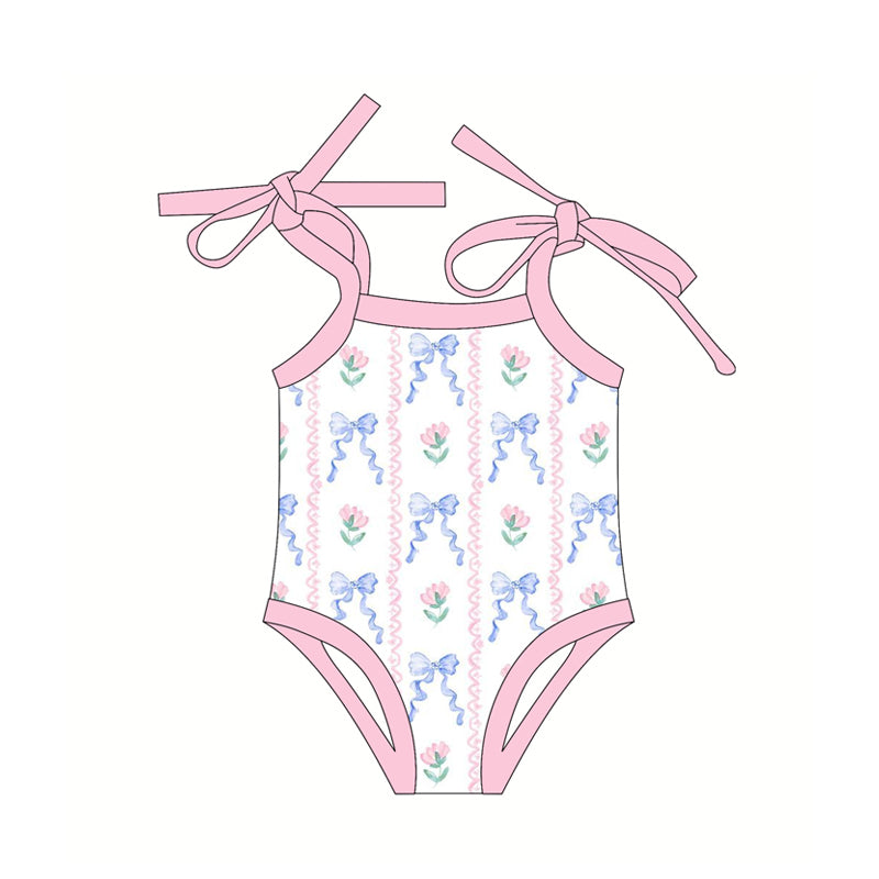 Baby Girl Infant Straps Blue Bows Flower Bubble Romper RTS