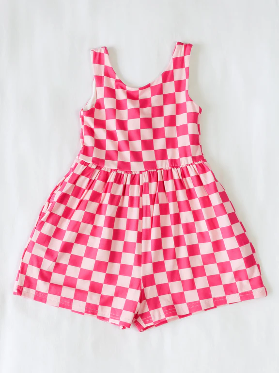 Preorder Baby Girl Sleeveless Pink Checkered Shorts Jumpsuit ( Moq 5 )