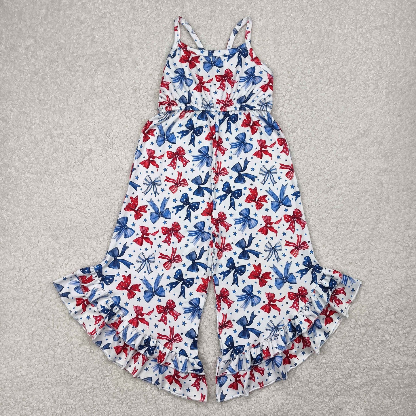 Sibling Baby Girls Kids Straps Stars Bows 4th Of July Bell Pants Jumpsuits RTS