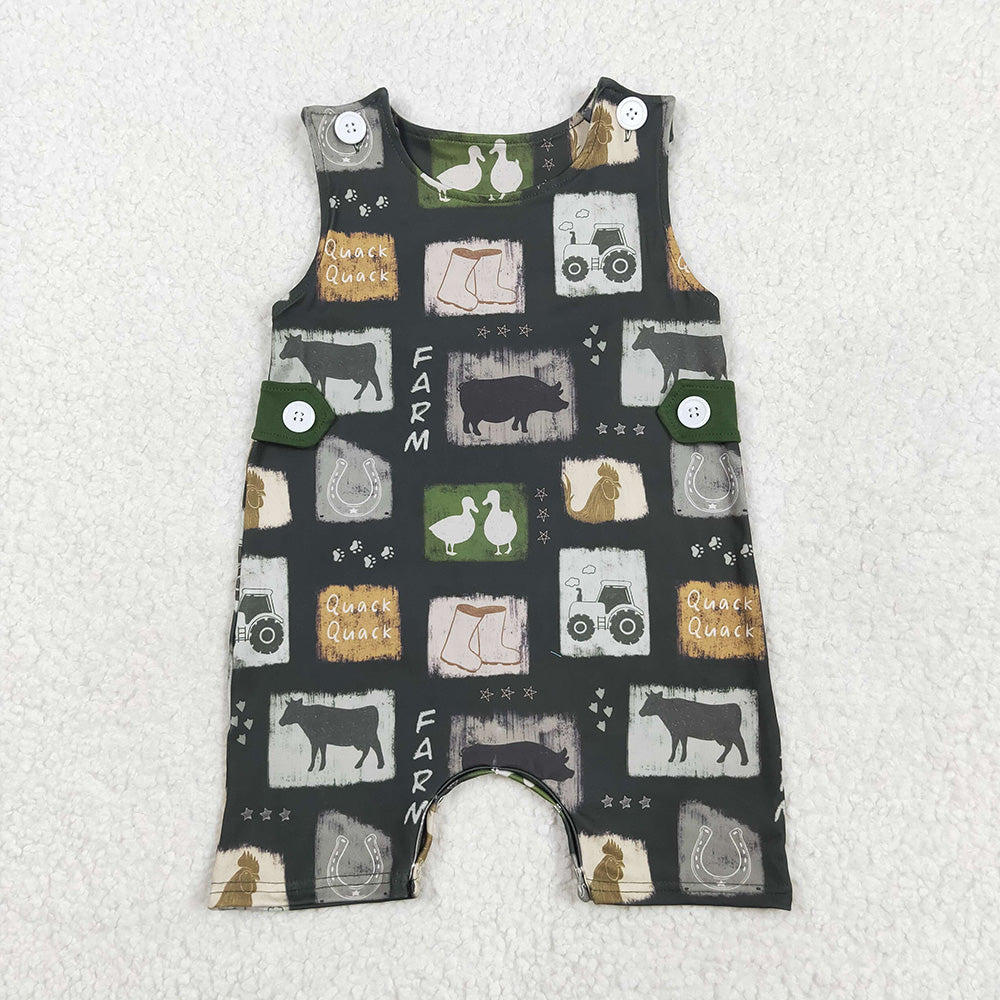 Baby Boy Farm Animals Tractors Sibling Green Romper Outfit Clothes Set RTS