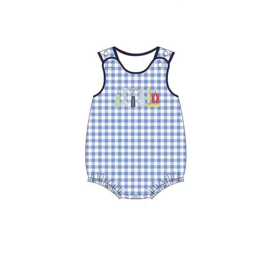 Preorder Baby Boy Infant Sleeveless Blue Checkered Tools Bubble Romper ( Moq 5 ）
