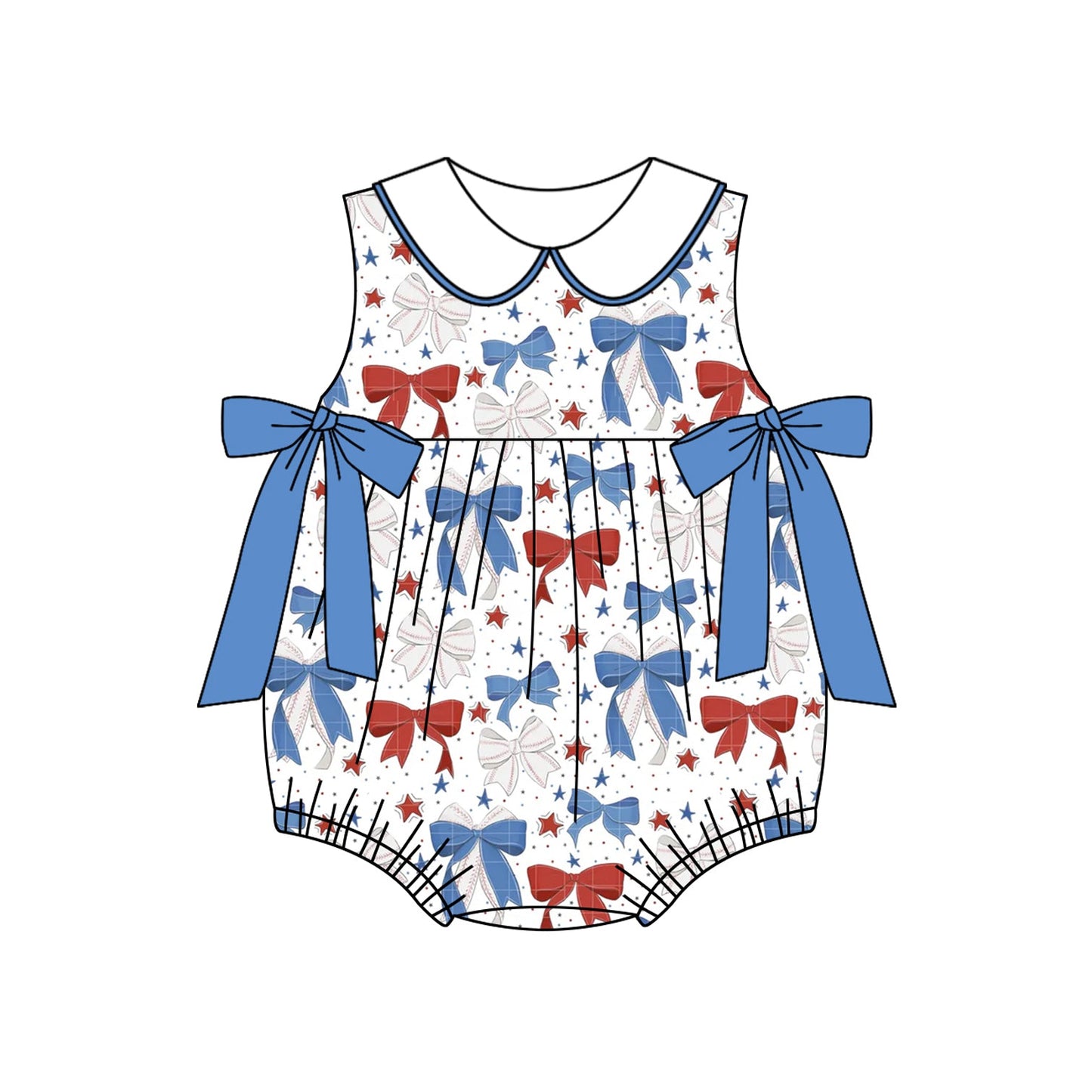 Preorder Baby Girl Infant Sleeveless July 4th Blue Red Bows Bubble Romper ( Moq 5 )