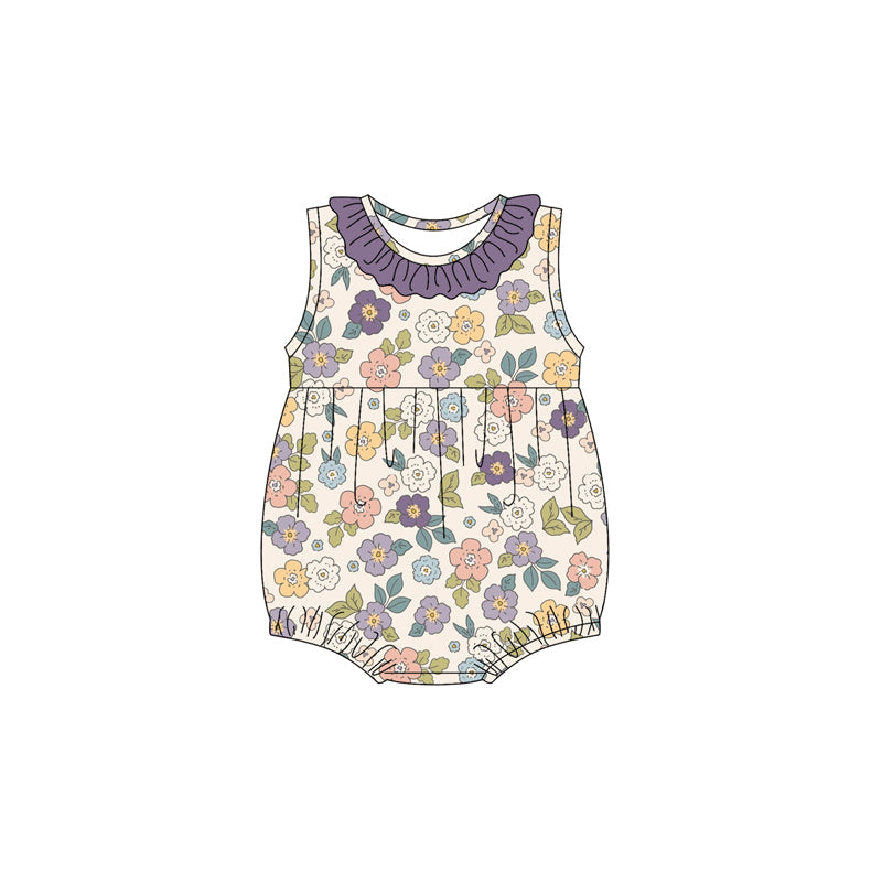 Preorder Baby Girl Infant Sleeveless Purple Ruffle Floral Bubble Romper ( Moq 5 )