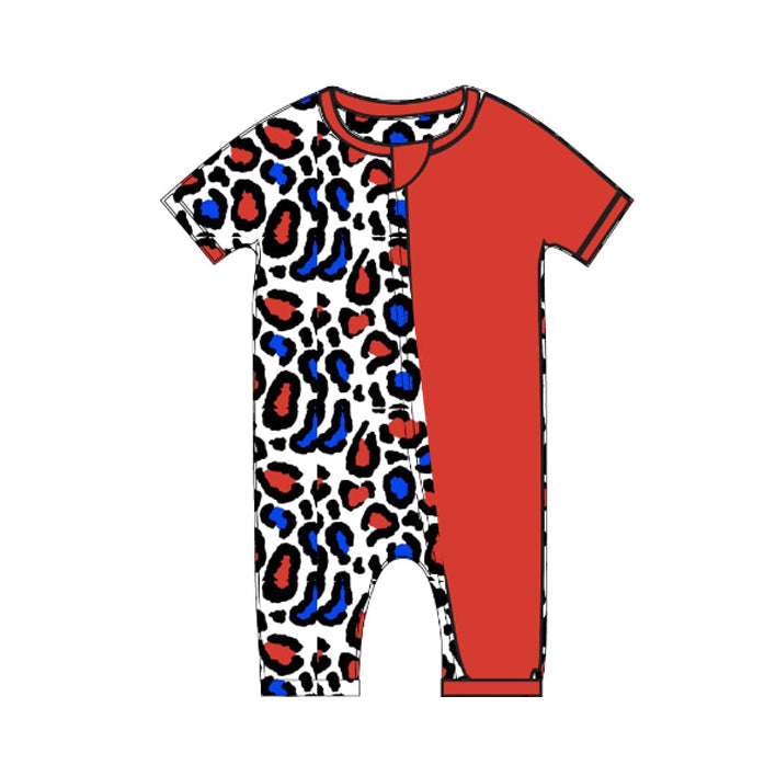 Preorder Baby Kids Infant July 4th Short Sleeves Red Blue Leopard Zipper Romper ( Moq 5 )