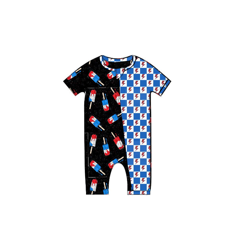 Preorder Baby Kids Infant July 4th Short Sleeves Popsicles Checked Zipper Romper ( Moq 5 )