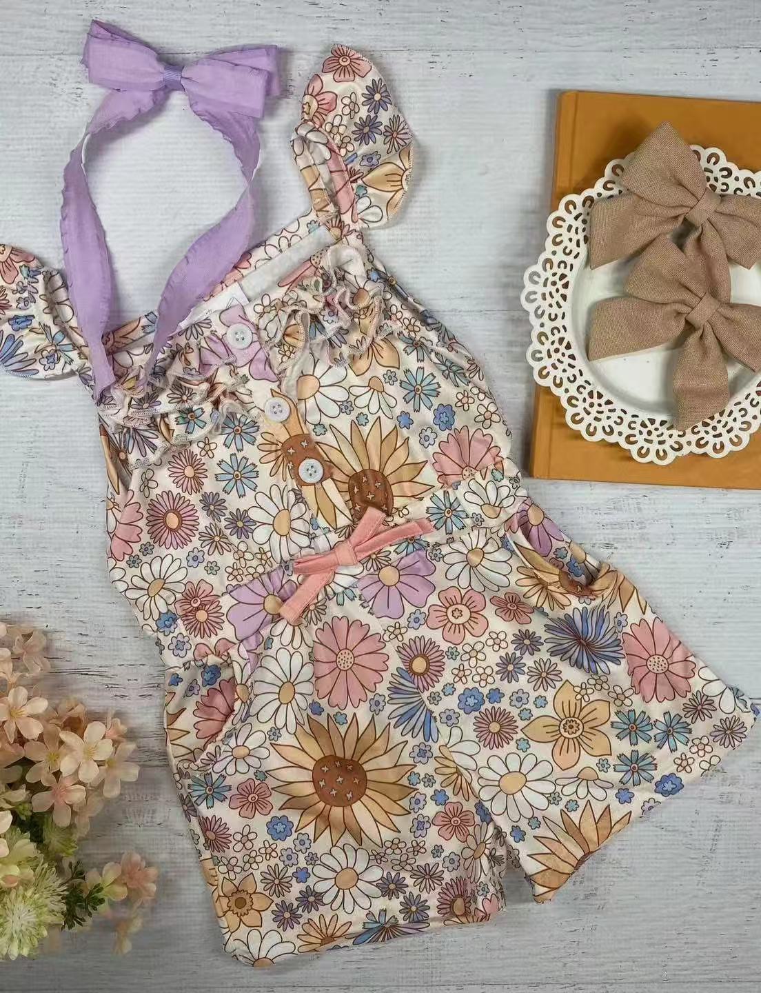 Baby Girl Short Sleeves Flower Buttons Pockets Shorts Jumpsuits ( Moq 5 )