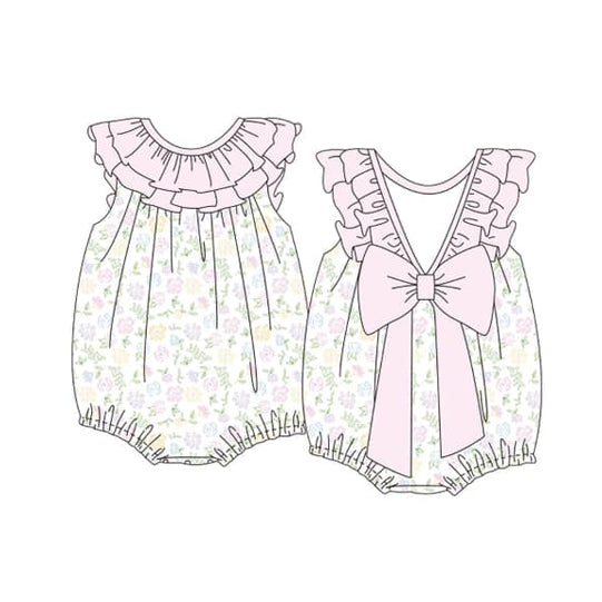 Preorder Baby Girl Infant Sleeveless Floral Pink Bows Bubble Ruffle Romper ( Moq 5 )