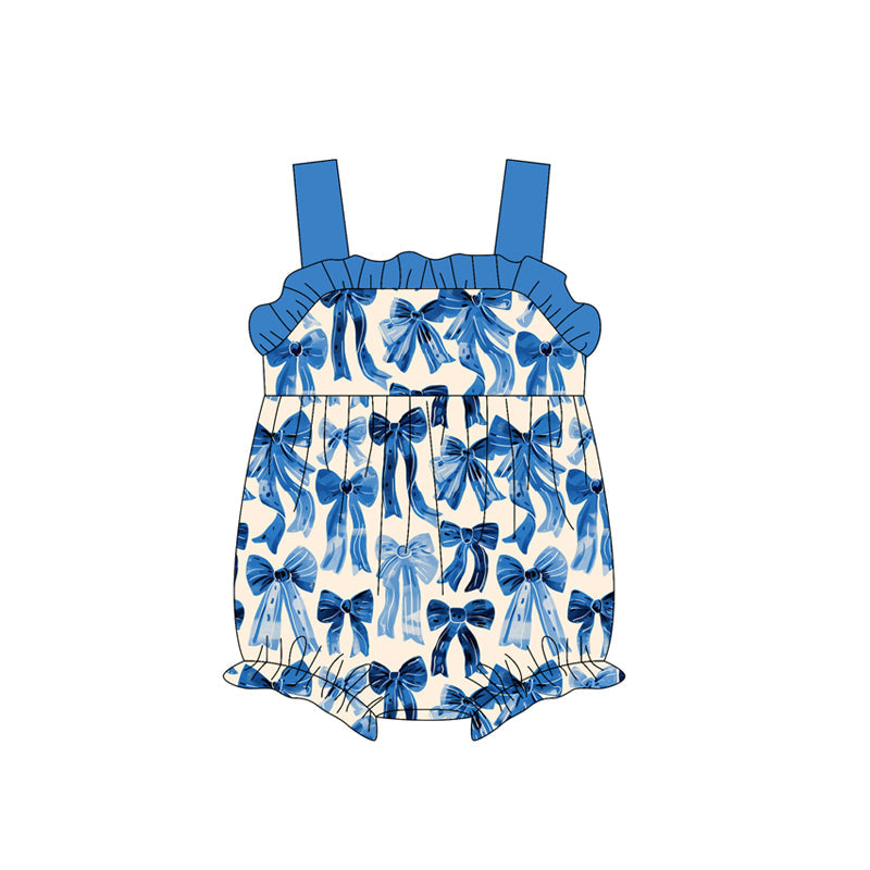 Baby Girl Infant Straps Blue Bows Ruffle Bubble Romper RTS