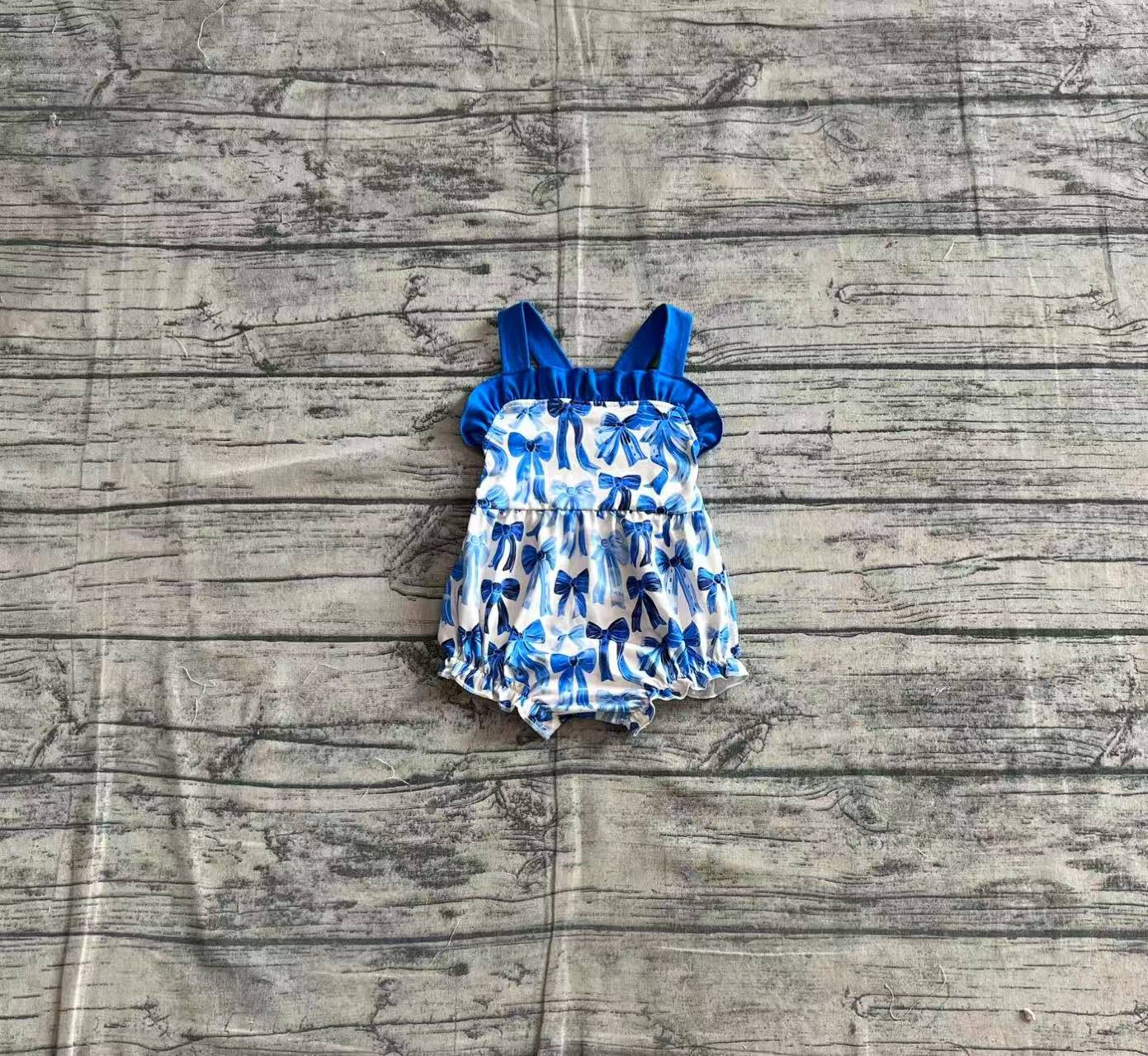 Baby Girl Infant Straps Blue Bows Ruffle Bubble Romper RTS