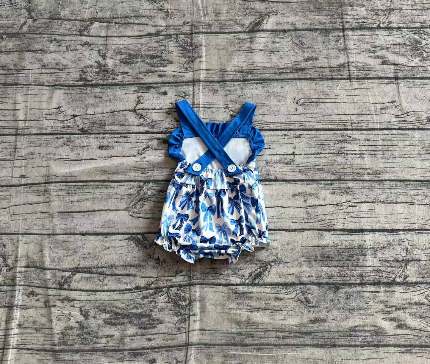 Baby Girl Infant Straps Blue Bows Ruffle Bubble Romper RTS