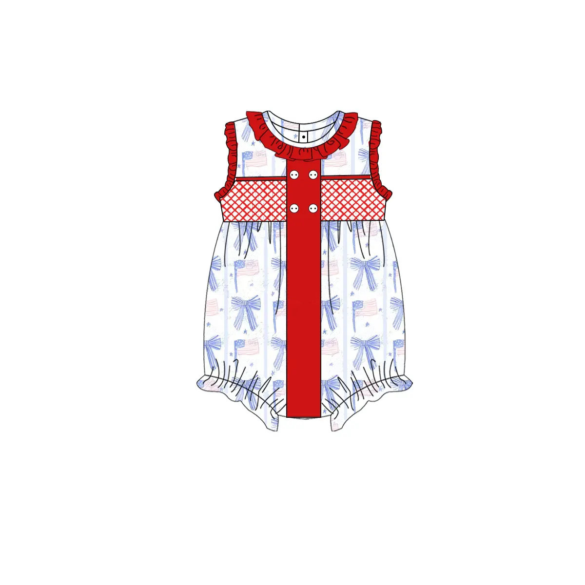 Preorder Baby Girl Infant Sleeveless Blue Bows Flags 4th Of July Bubble Romper ( Moq 5 )