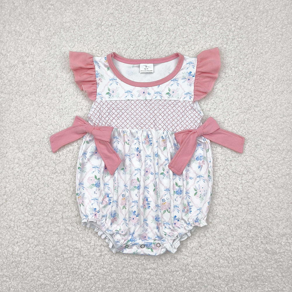 Baby Girl Infant Short Sleeves Embroidery Plaid Bows Flower Sibling Romper RTS
