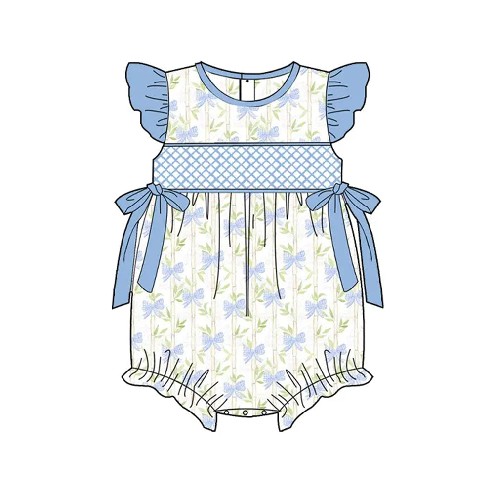 Preorder Baby Girl Infant Short Sleeves Blue Bows Bubble Romper ( Moq 5 )