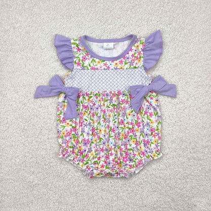 Baby Girl Infant Short Sleeves Embroidery Plaid Bows Flower Sibling Romper RTS