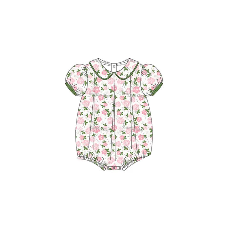 Preorder Baby Girl Infant Short Sleeves Pink Flower Bubble Romper ( Moq 5 )